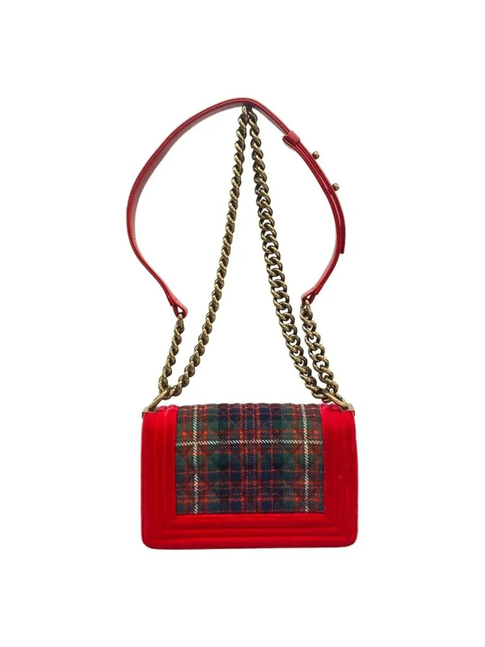 Chanel Shoulder Bag Boy Red Green Dark Navy Plaid Vintage Gold Chain